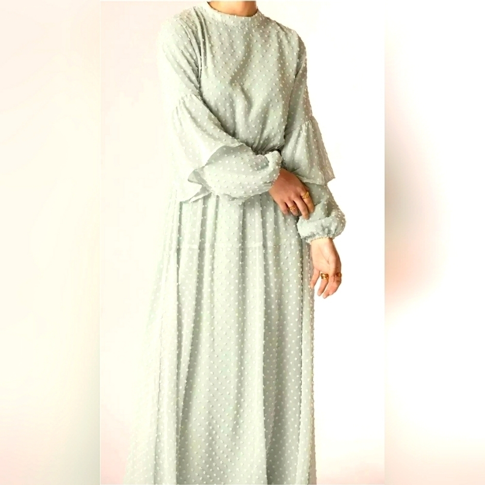 Veiled Collection New York Gabriella Swiss Dot Ruffle Puff Sleeve Maxi Dress, L